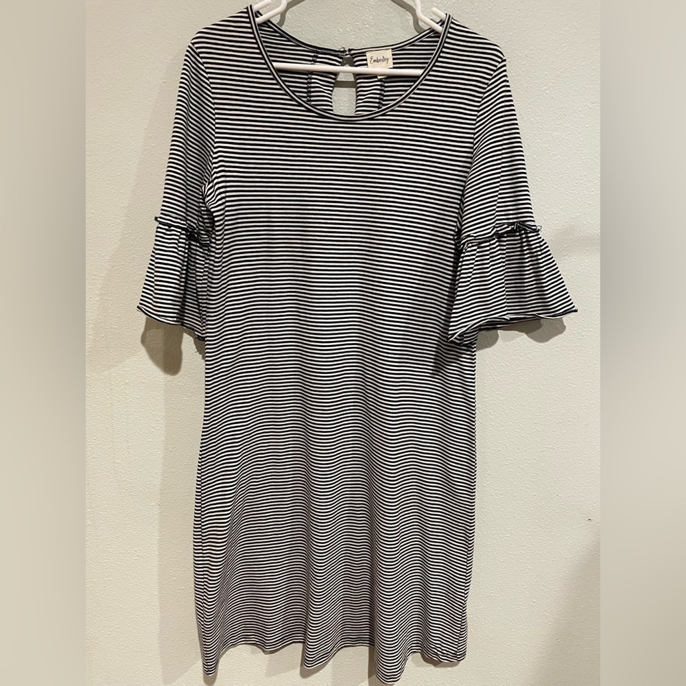 Striped Navy Blue and White Ruffle Sleeve Dress by Emberley